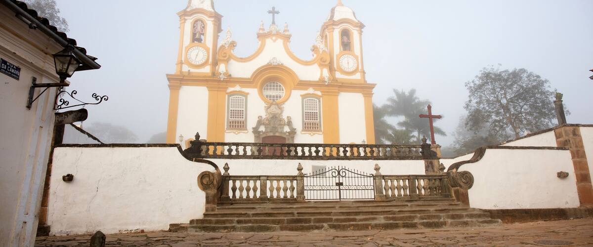 Fog with a view of the Santo Antonio Catholic Church in the city of Tiradentes in Minas Gerais