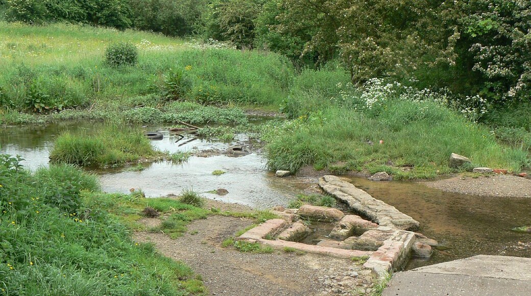 Farleys Lane Spring. The Farley Brook rises further west, passing under Farleys Lane in a concrete culvert (bottom right), but at this point is added to by a substantial spring which rises within the odd brick structure in the centre.