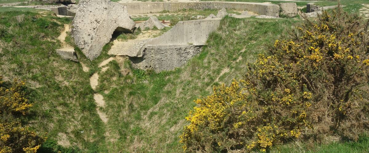 Ancient ruins with stone walls and pathways on a grassy hillside.