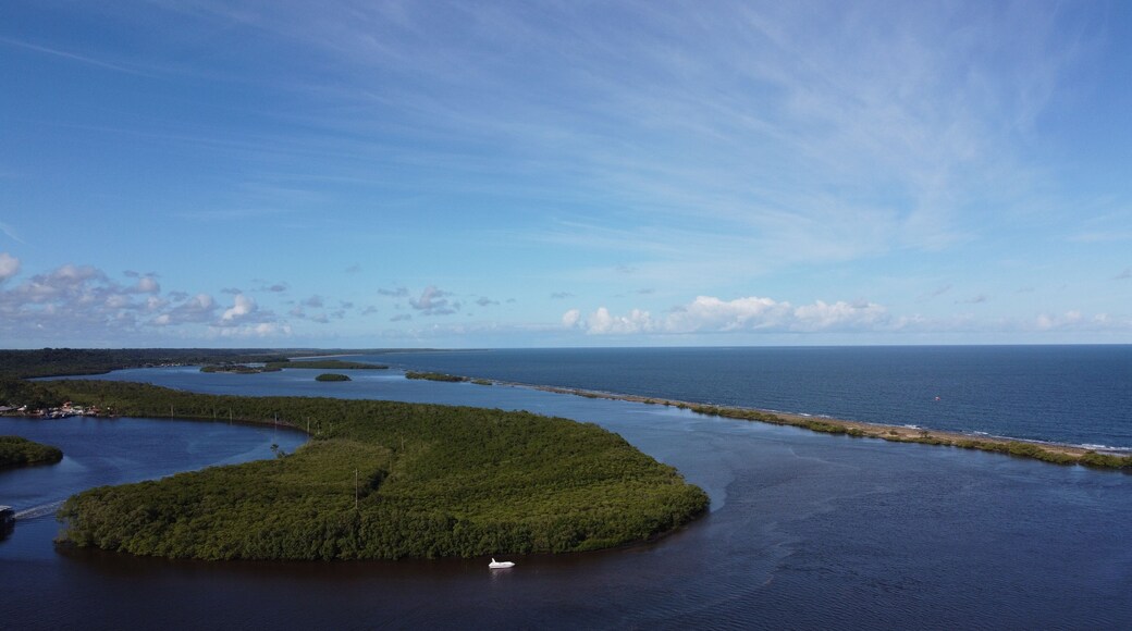 SANTA CRUZ DE CABRALIA, BAHIA, BRAZIL - JANUARY 09, 2022: Drone view from the Historic Center Viewpoint overseeing the Joao de Tiba river estuarie, with Santo Andre on the other side.