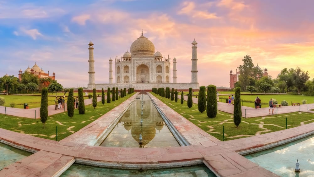 Taj Mahal Agra panoramic view at sunrise. Taj Mahal is a UNESCO World Heritage site at Uttar Pradesh India.