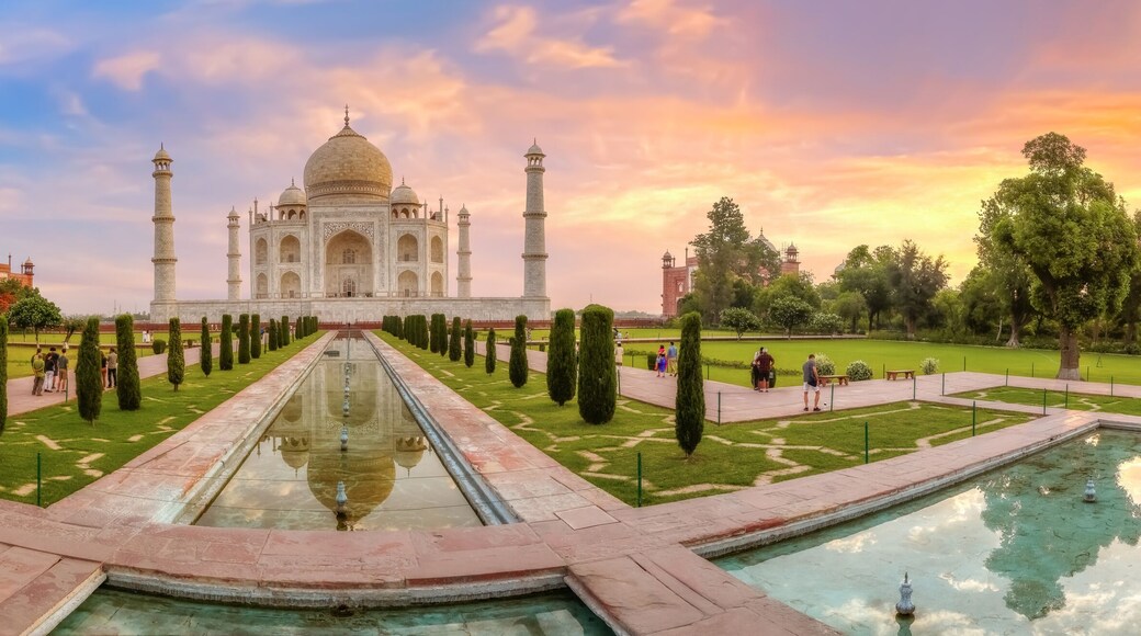 Taj Mahal Agra panoramic view at sunrise. Taj Mahal is a UNESCO World Heritage site at Uttar Pradesh India.