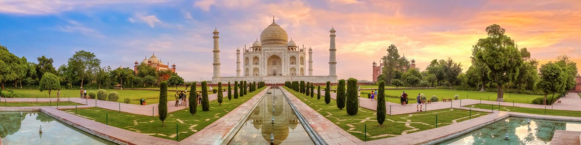 Taj Mahal Agra panoramic view at sunrise. Taj Mahal is a UNESCO World Heritage site at Uttar Pradesh India.