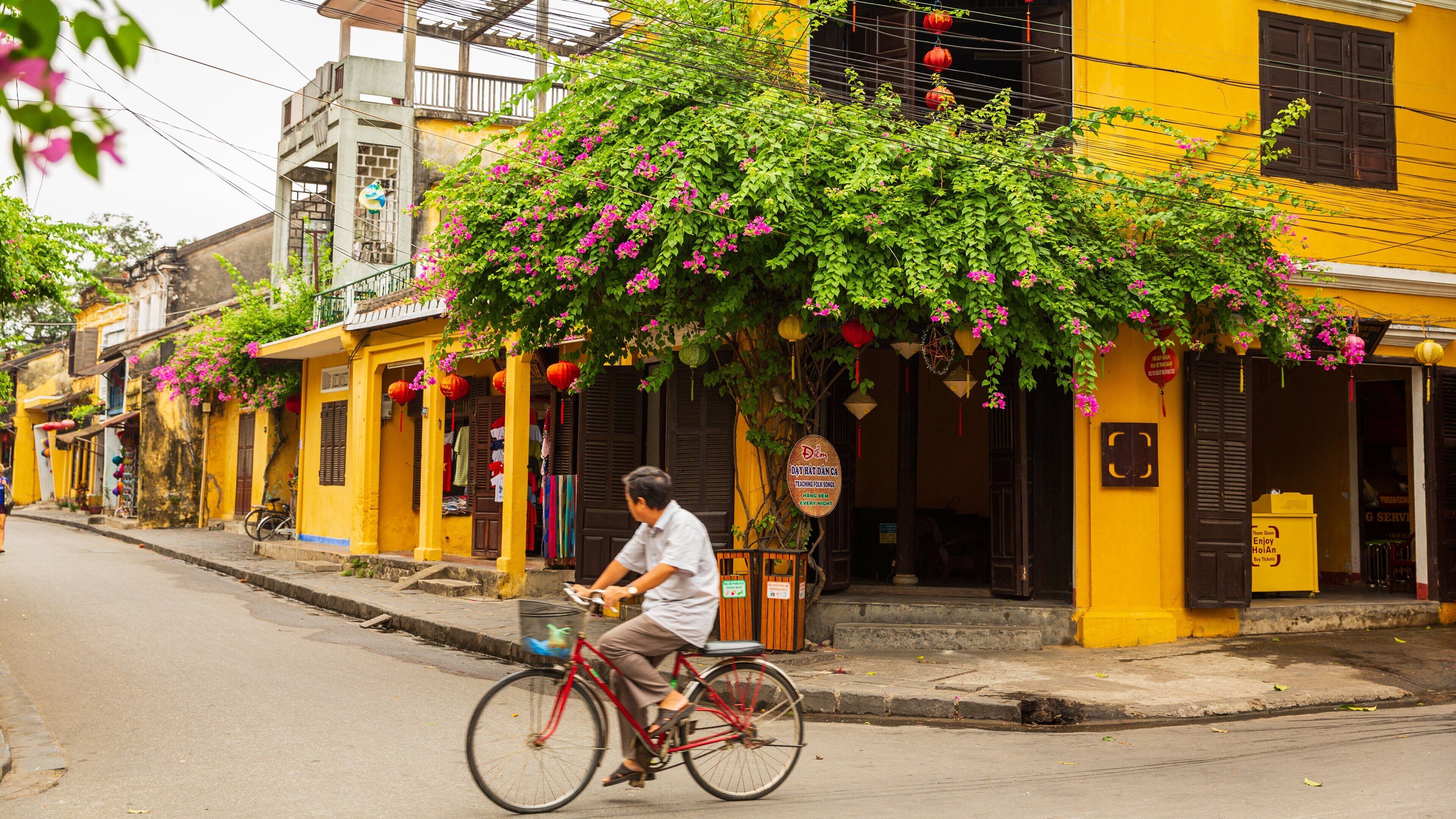 Hoi An Ancient Town showing cycling and street scenes as well as an individual male
