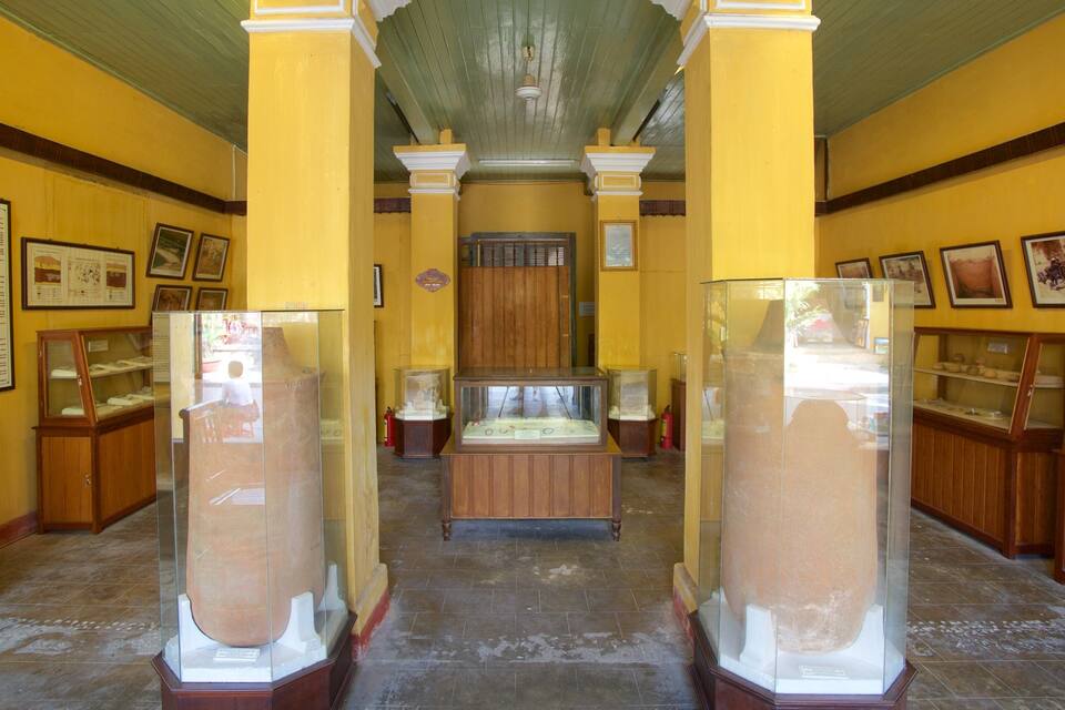 A museum interior with yellow walls, wooden display cases, and a central wooden cabinet.