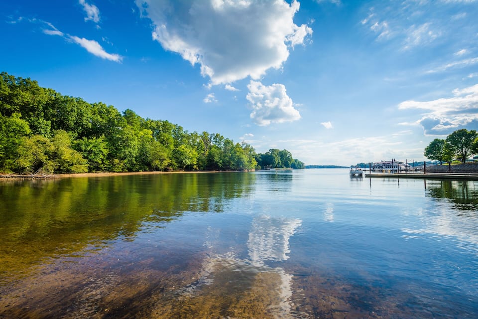 A calm lake with clear water, surrounded by dense green trees and a dock with boats.