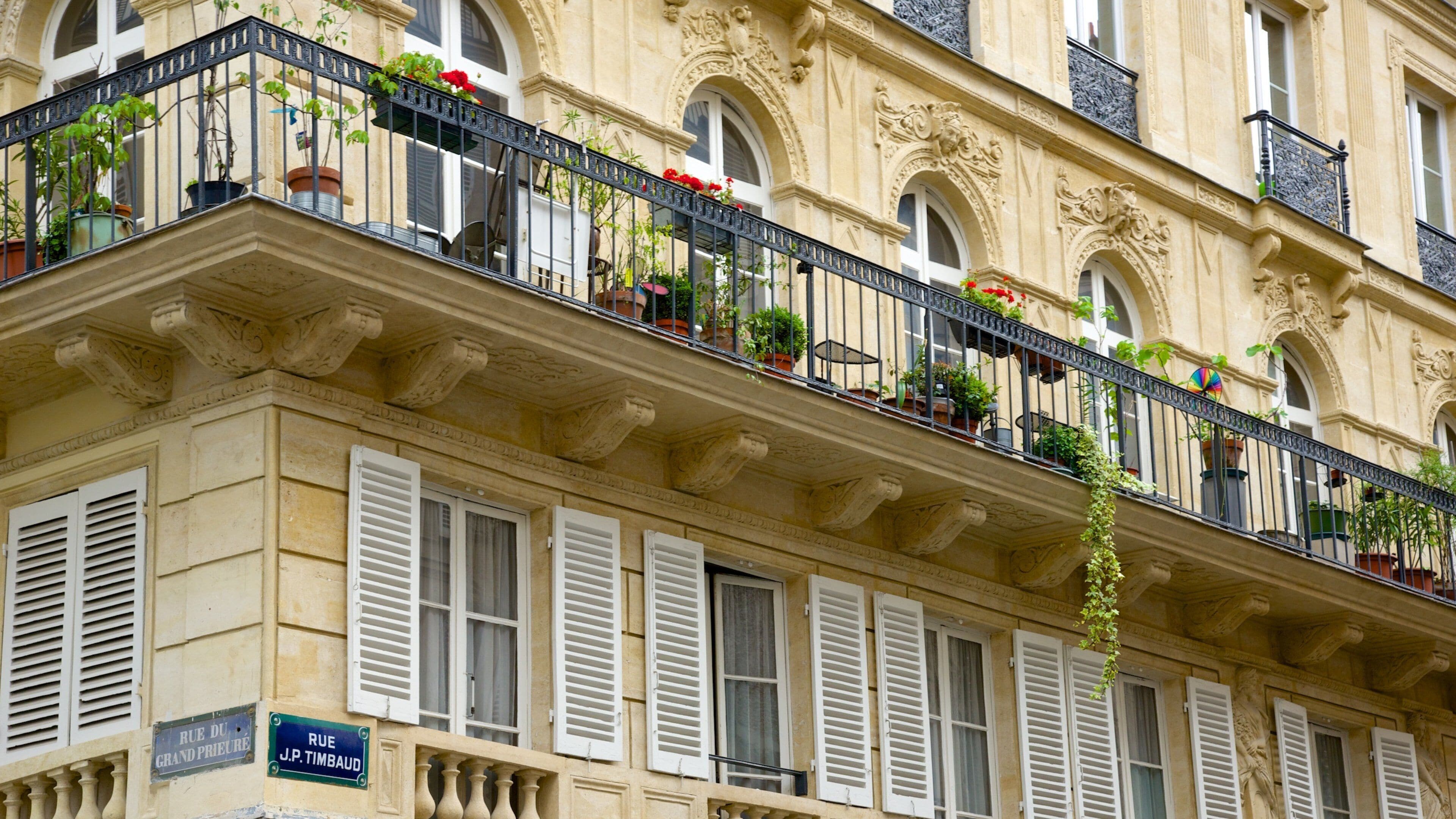 Un bâtiment à l’architecture richement décorée, doté de volets blancs et de balcons ornés de plantes en pot.