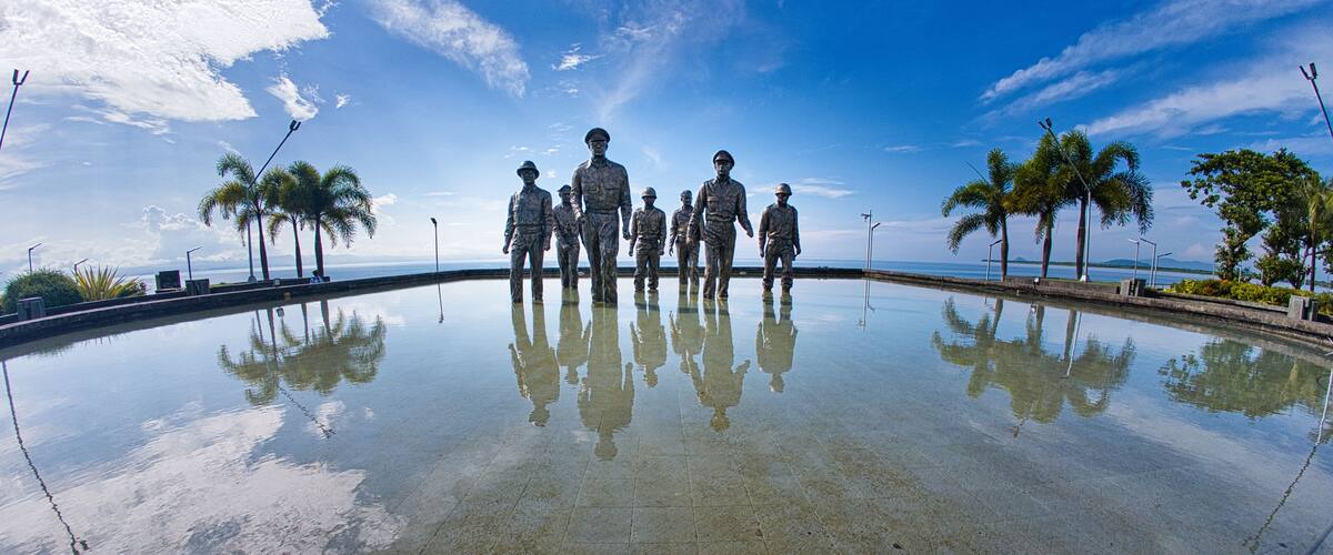 A reflective pool with a group of soldiers standing in formation, palm trees, and a clear blue sky.