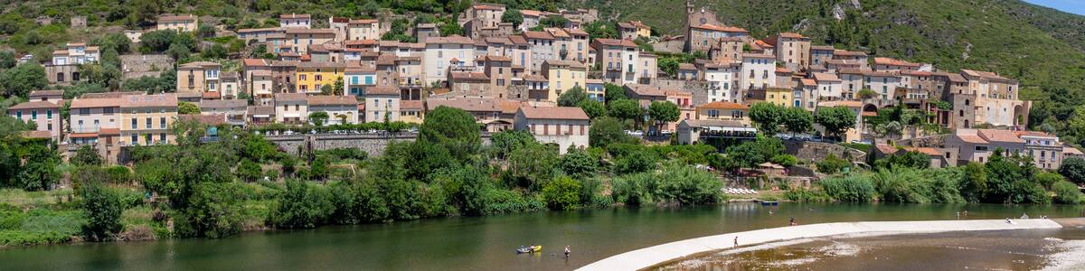 Panorama of Roquebrun in Haut-Languedoc and the Orb Valley in Occitania, Herault, France.