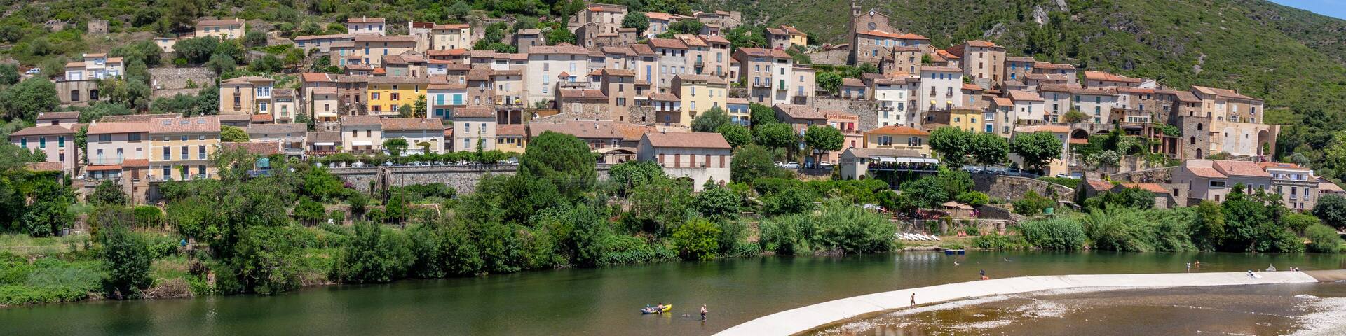 Panorama of Roquebrun in Haut-Languedoc and the Orb Valley in Occitania, Herault, France.