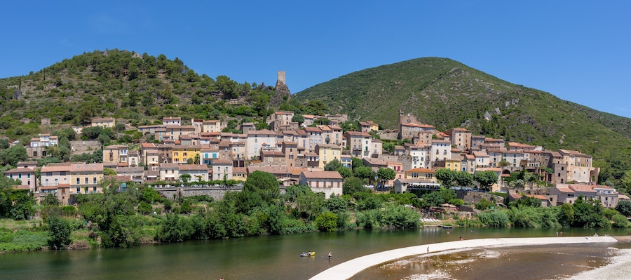Panorama of Roquebrun in Haut-Languedoc and the Orb Valley in Occitania, Herault, France.