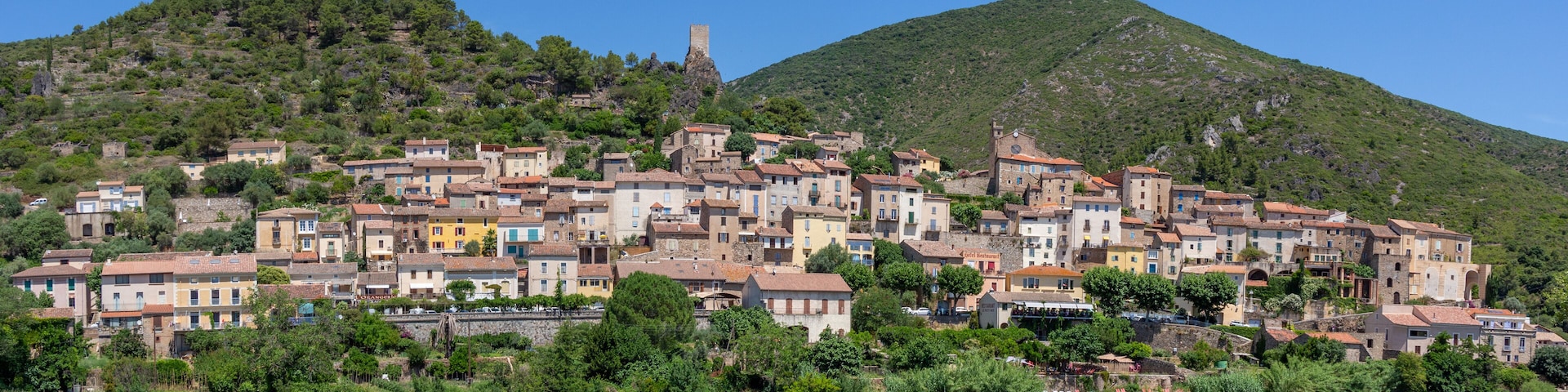 Panorama of Roquebrun in Haut-Languedoc and the Orb Valley in Occitania, Herault, France.