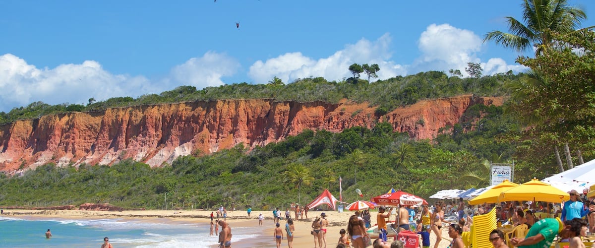 Praia de Pitinga mostrando uma praia de areia e paisagens litorâneas assim como um grande grupo de pessoas