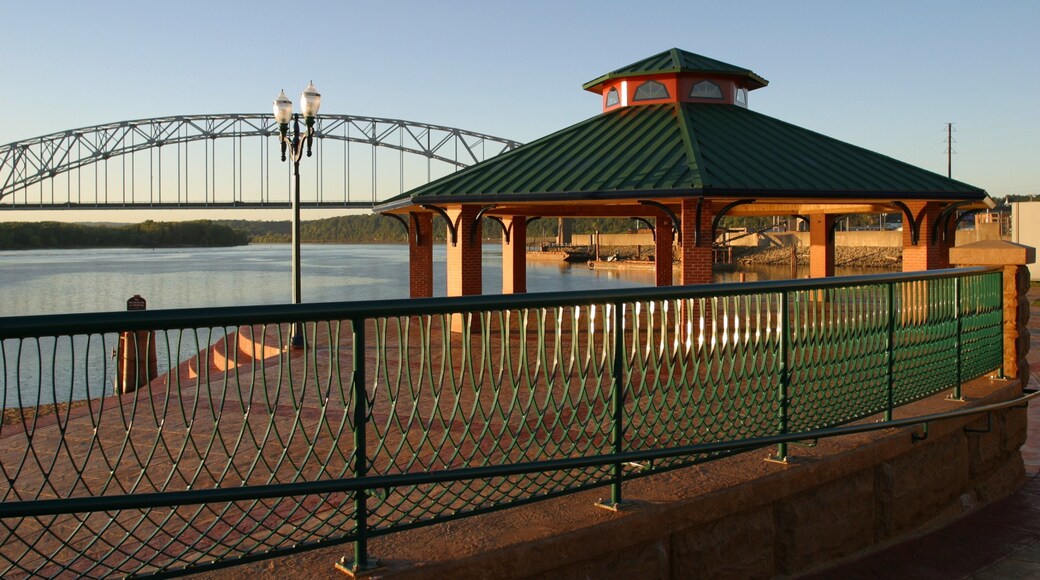 Downtown Dubuque showing a bridge, a river or creek and views