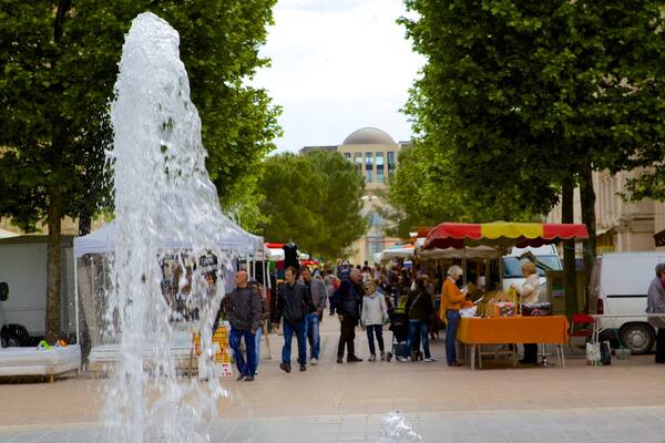Esplanade de l\'Europe which includes a fountain and street scenes as well as a large group of people