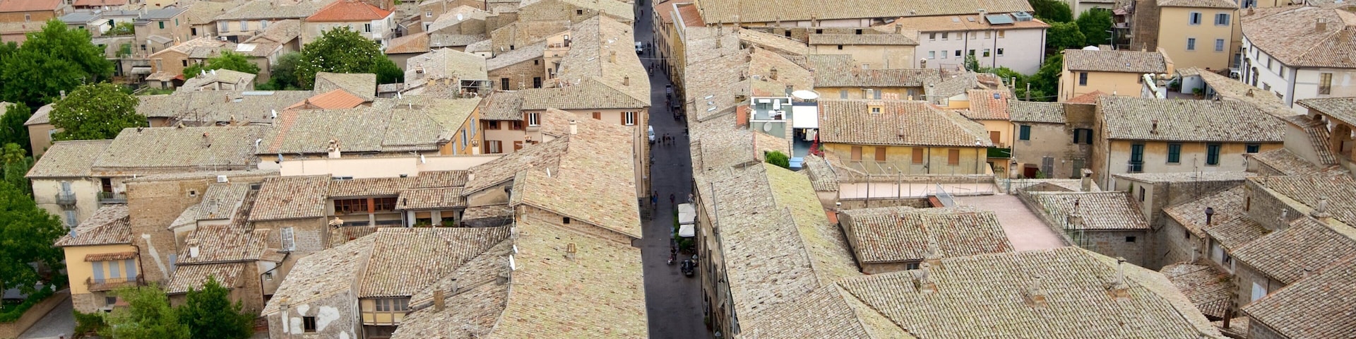 A historic town with terracotta-roofed buildings, a central street, and surrounding hills.