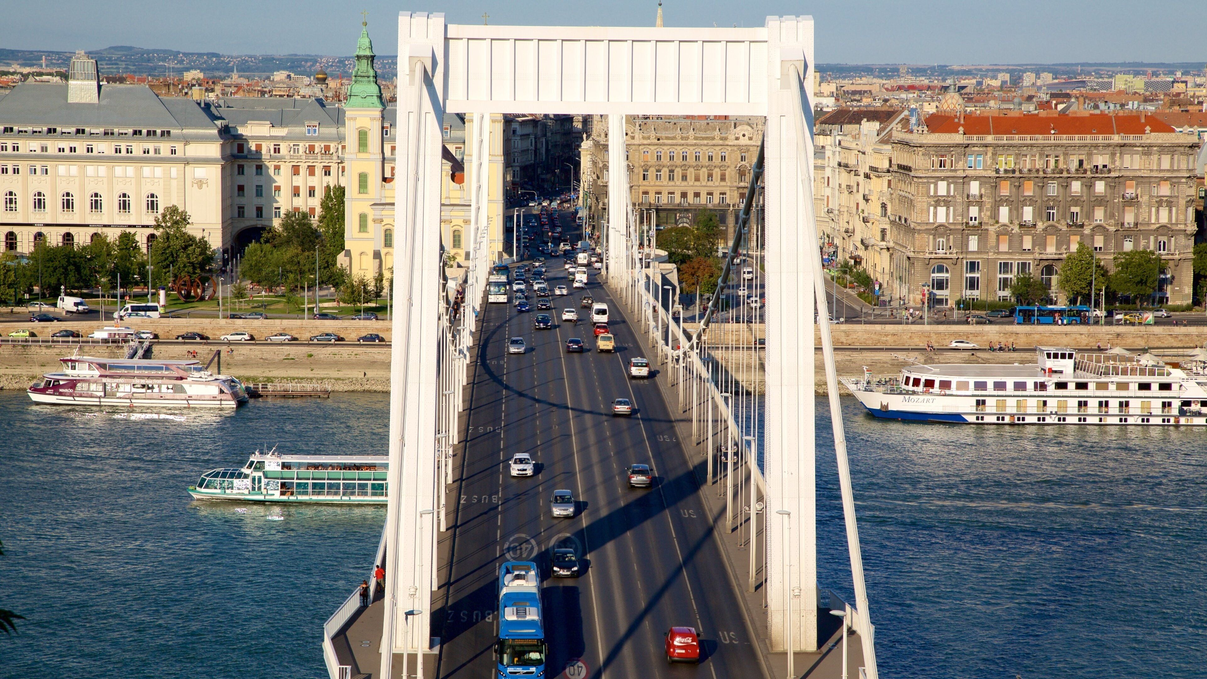 Elisabethbroen fasiliteter samt by, gatescener og hengebro eller gangvei mellom trær