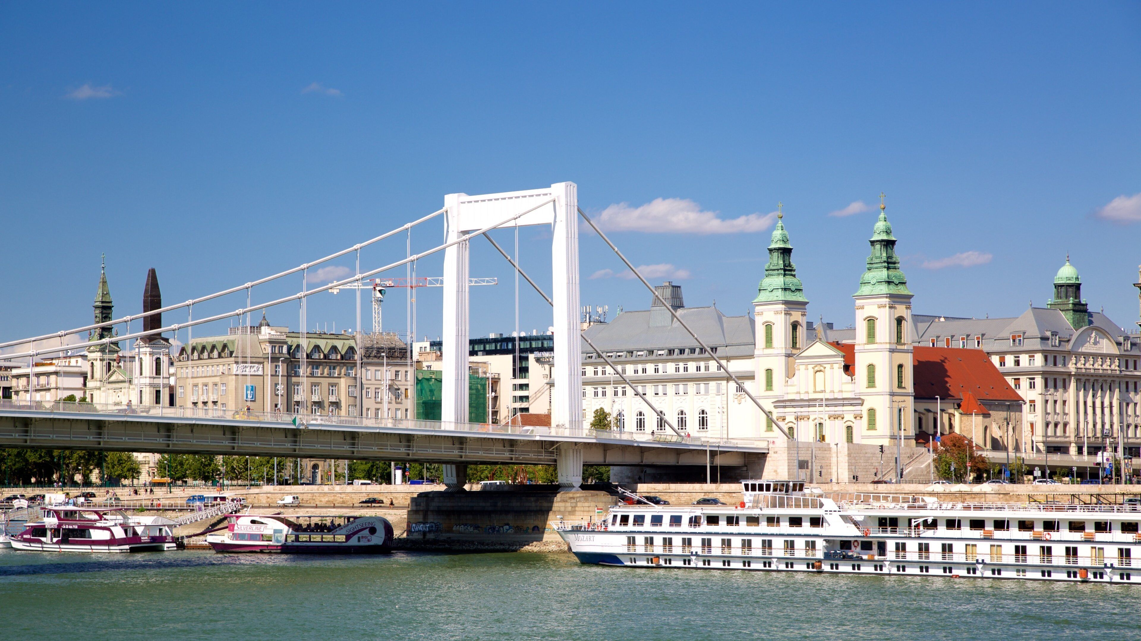 Elisabeth Bridge showing a bay or harbor, a city and a river or creek