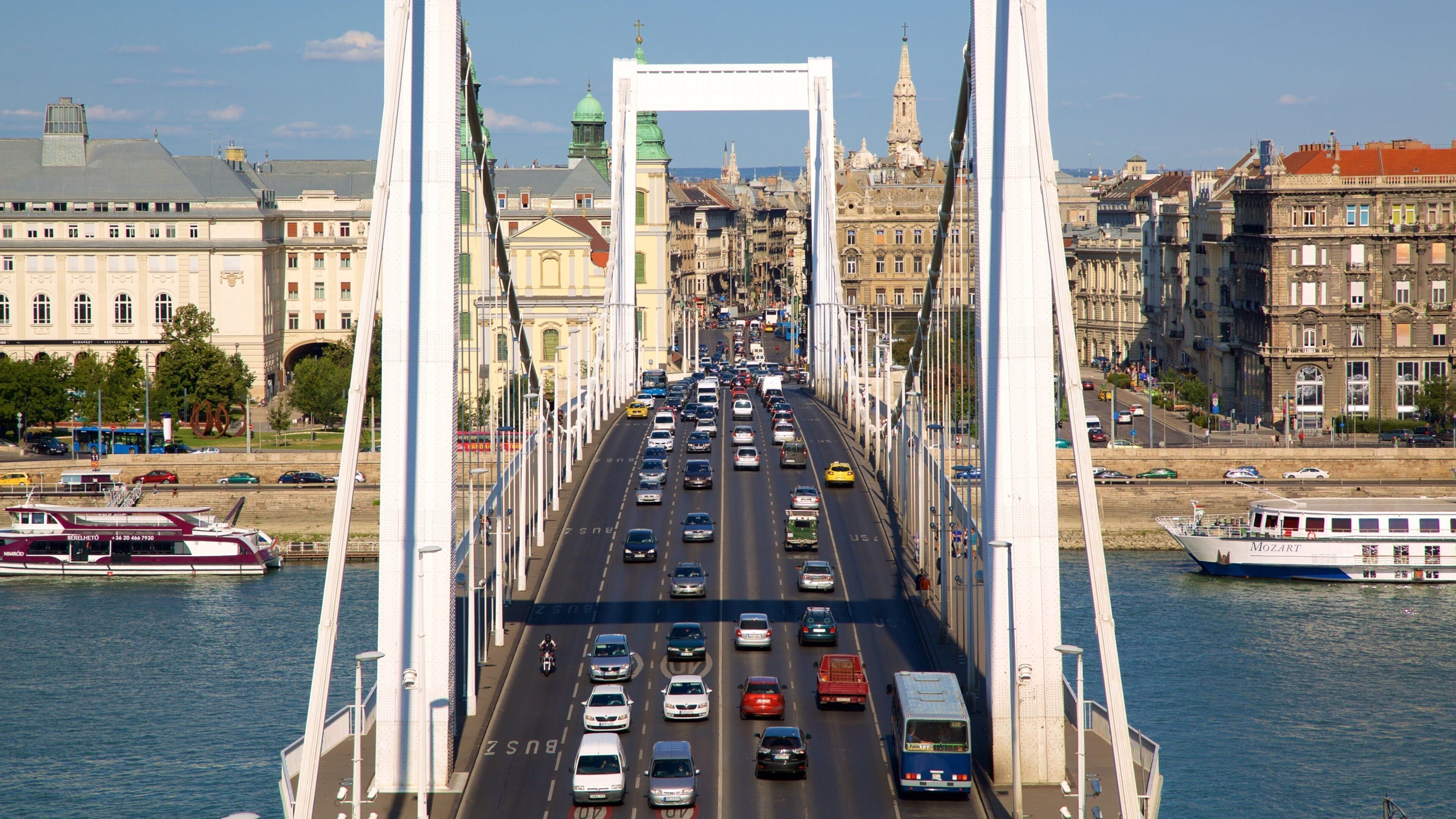 Elisabethbrücke mit einem Straßenszenen, Hängebrücke oder Baumkronenpfad und Bucht oder Hafen