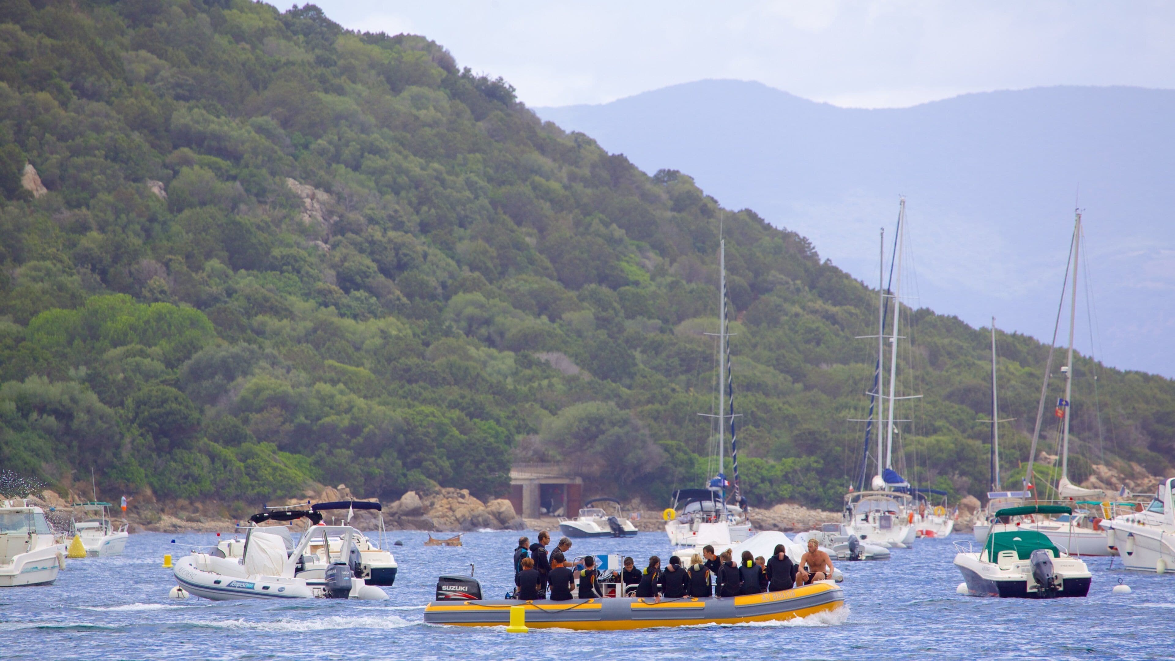 Belvedere-Campomoro showing boating and a bay or harbor as well as a large group of people