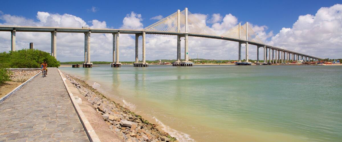 Newton Navarro Bridge som inkluderer kyst, bukt eller havn og bro