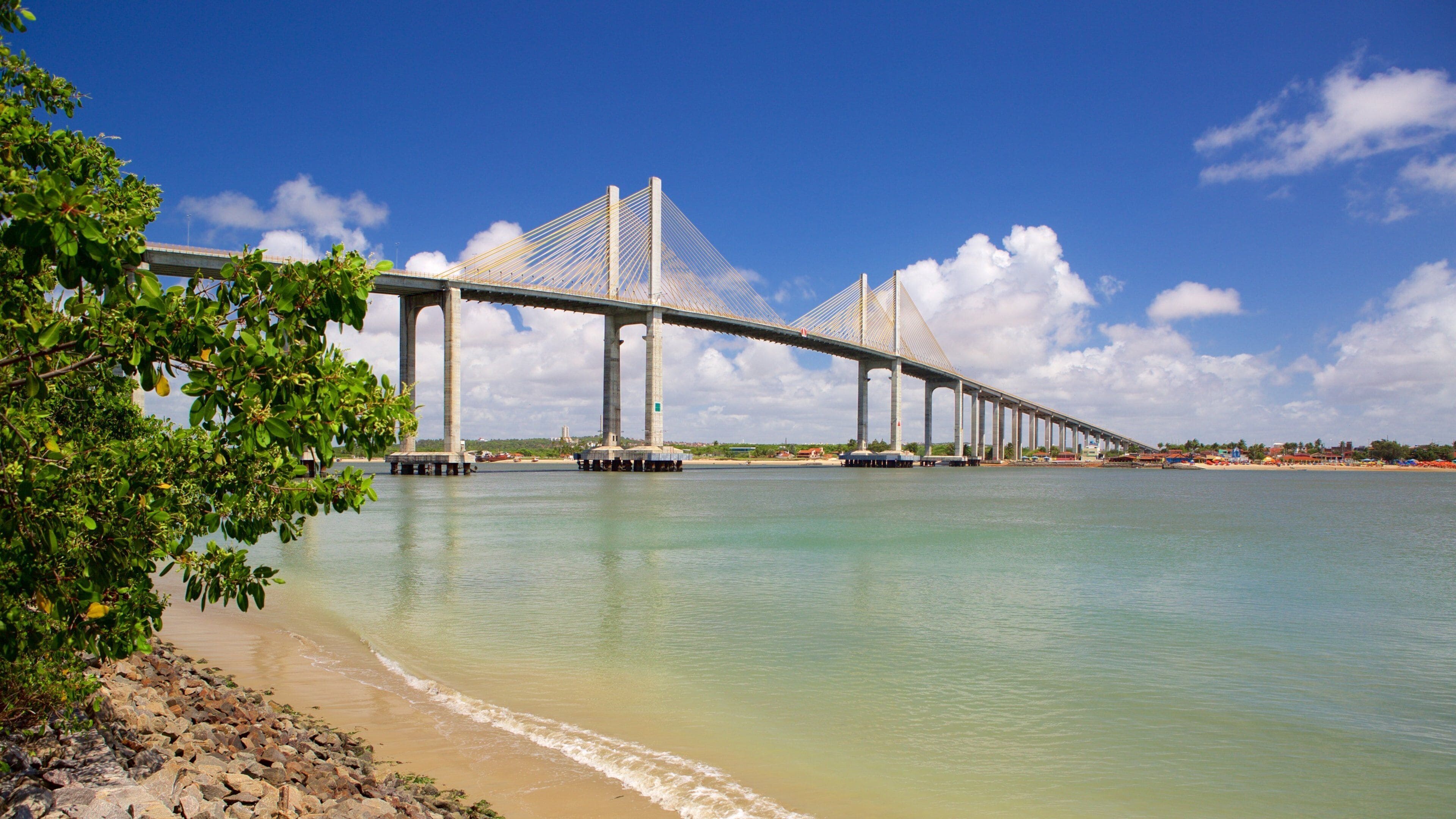 Newton Navarro Bridge showing general coastal views, a bay or harbor and a bridge