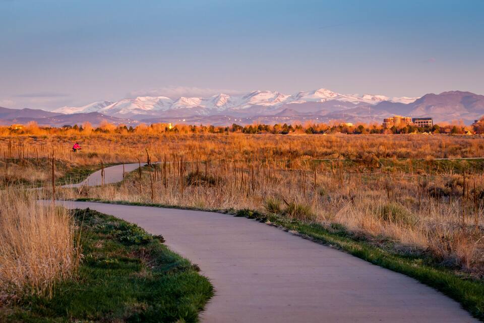 Un sendero sinuoso atraviesa un campo, con una cadena montañosa al fondo.