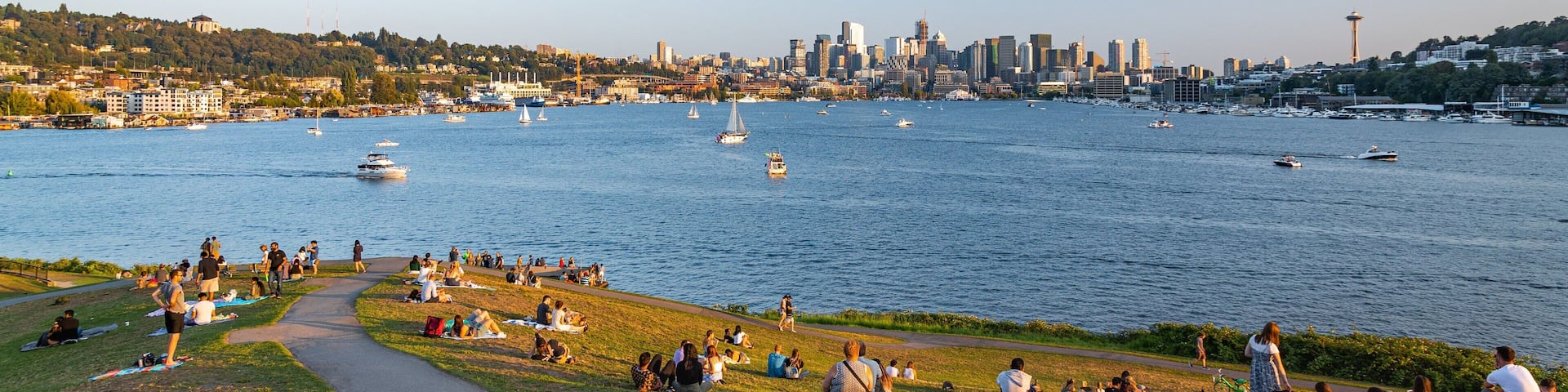 Gas Works Park featuring a garden, a sunset and a bay or harbor