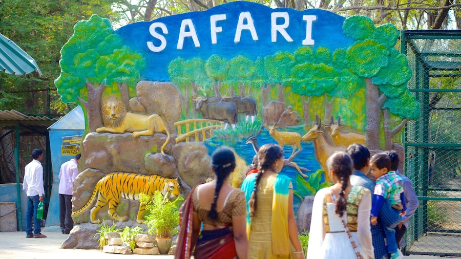 Nehru Zoological Park featuring signage, zoo animals and outdoor art