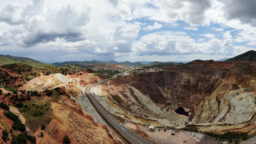 Aerial Panorama of the Queen Copper Mine in the town of Bisbee, Arizona. Image captured during the summer Monsoon season.