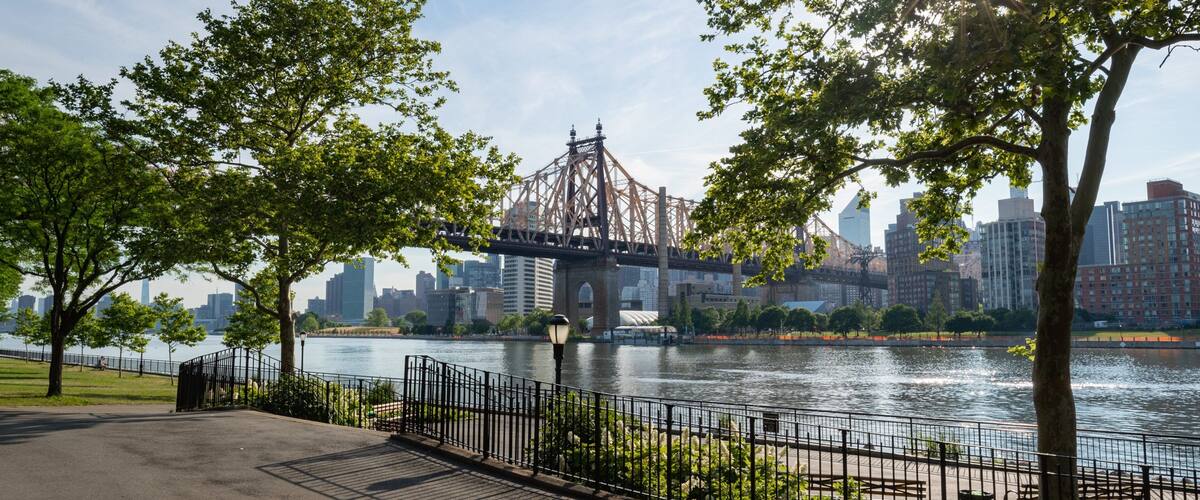 Queensbridge Park which includes a river or creek, a bridge and a sunset