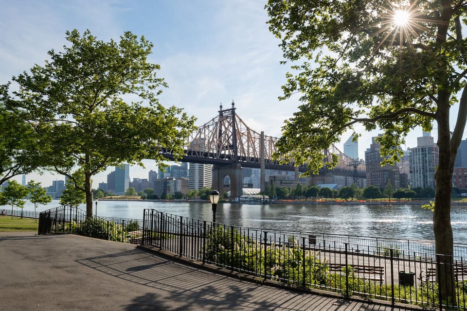 Un parque junto al río con un puente, árboles y el horizonte de la ciudad.