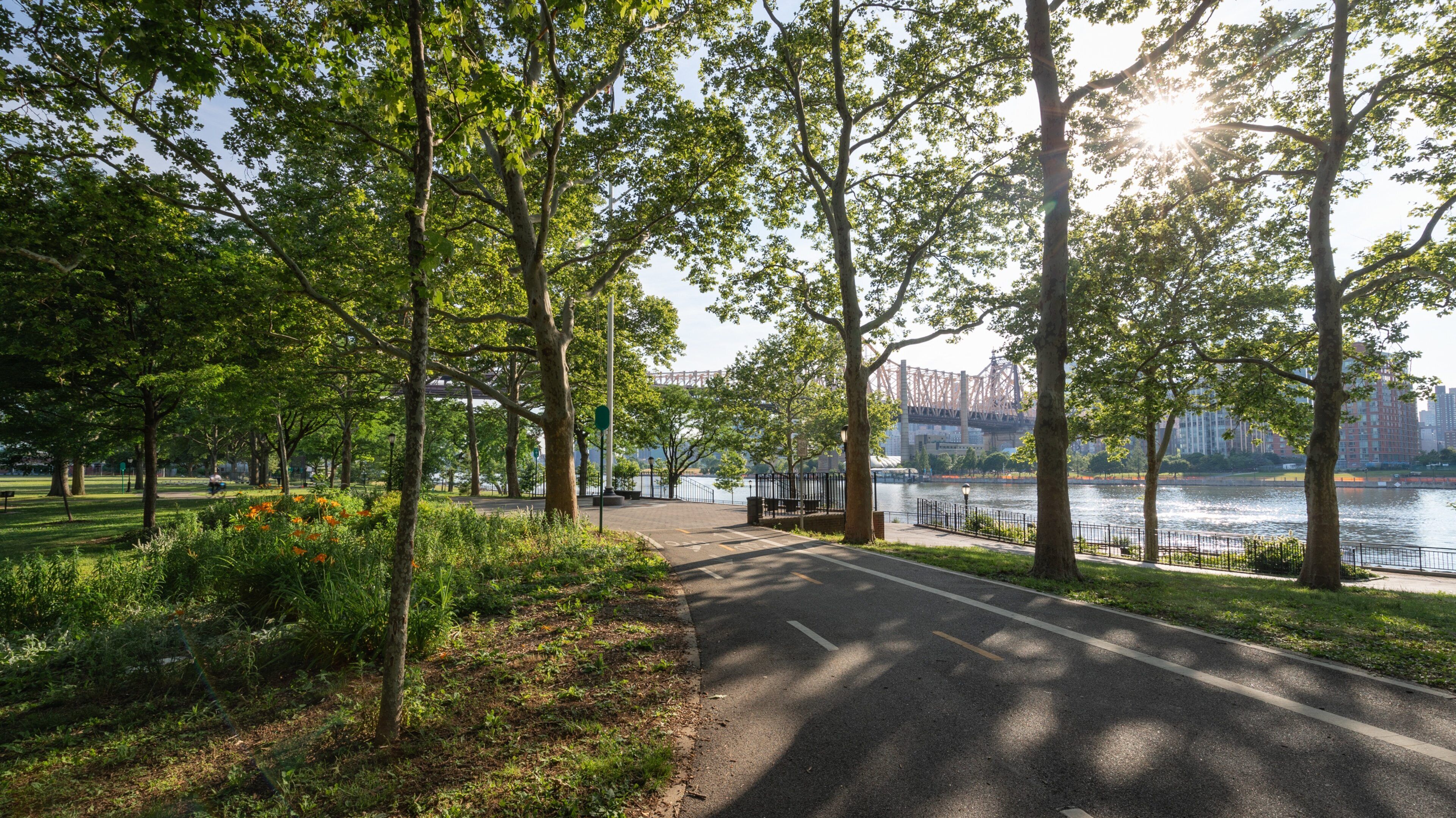 Queensbridge Park which includes a sunset and a park