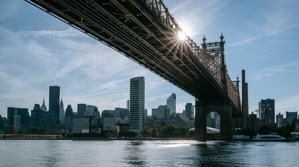 Queensbridge Park showing a city, a bridge and a river or creek