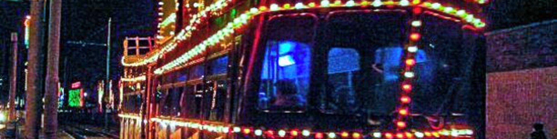 Illuminated tram on the promenade at Blackpool.