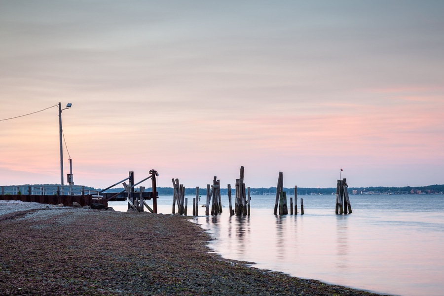 This is a warm colorful sunset seascape of the Prudence Island ferry landing from Bristol in Rhode Island, USA. / Sunset Ferry Dock Landscape; Shutterstock ID 207455512; Purchase Order: -