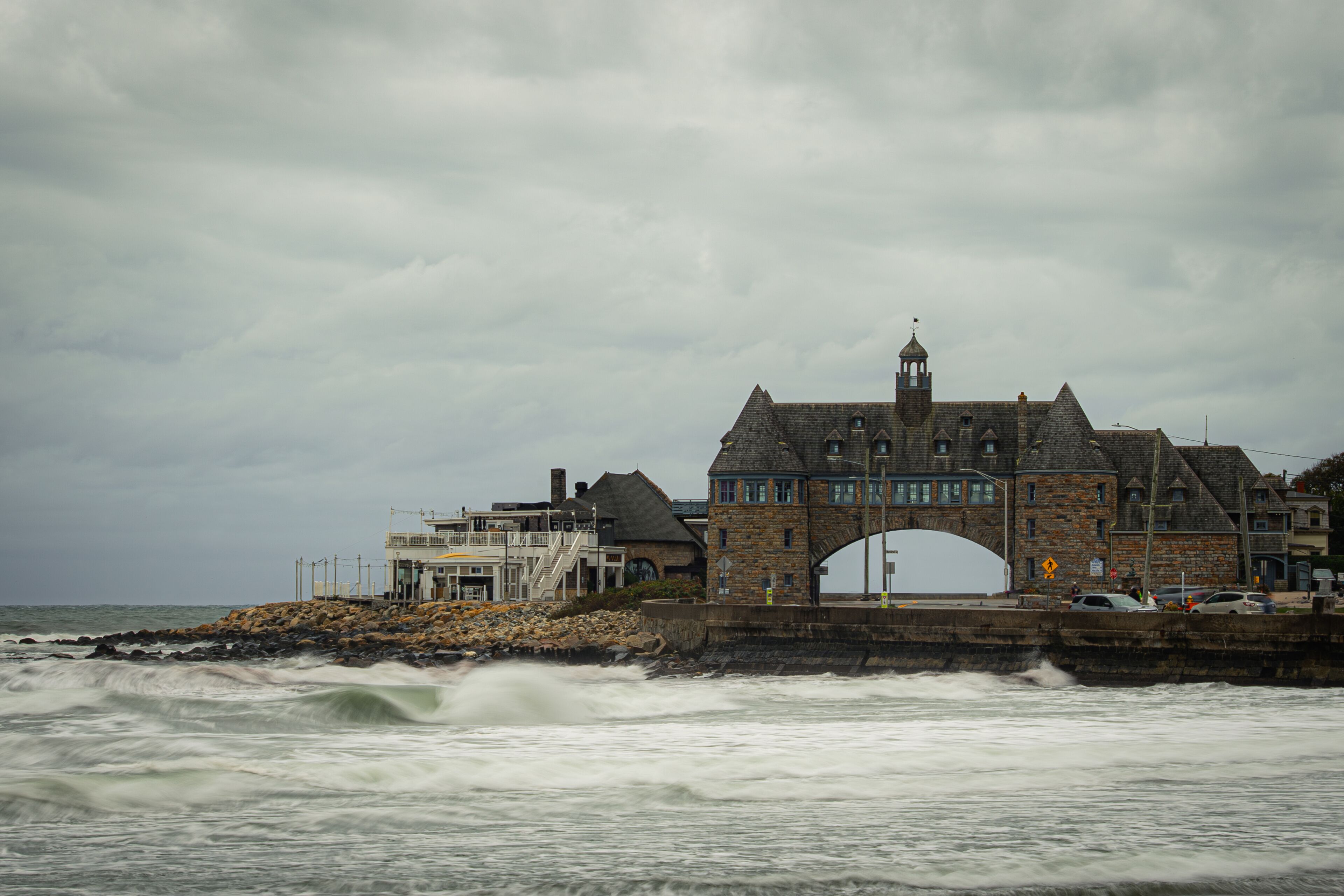 The Towers of Narragansett, holding steadfast against the waves of an approaching Nor'Easter storm system, in Autumn, Rhode Island