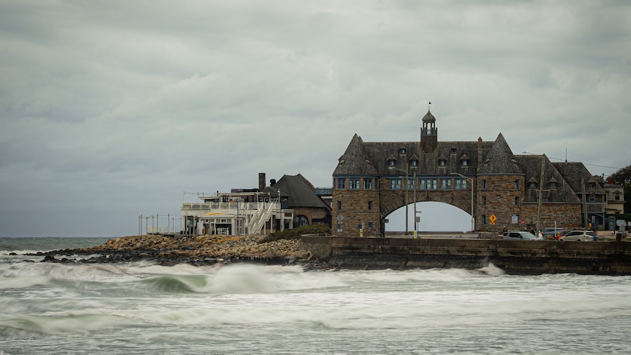 The Towers of Narragansett, holding steadfast against the waves of an approaching Nor'Easter storm system, in Autumn, Rhode Island