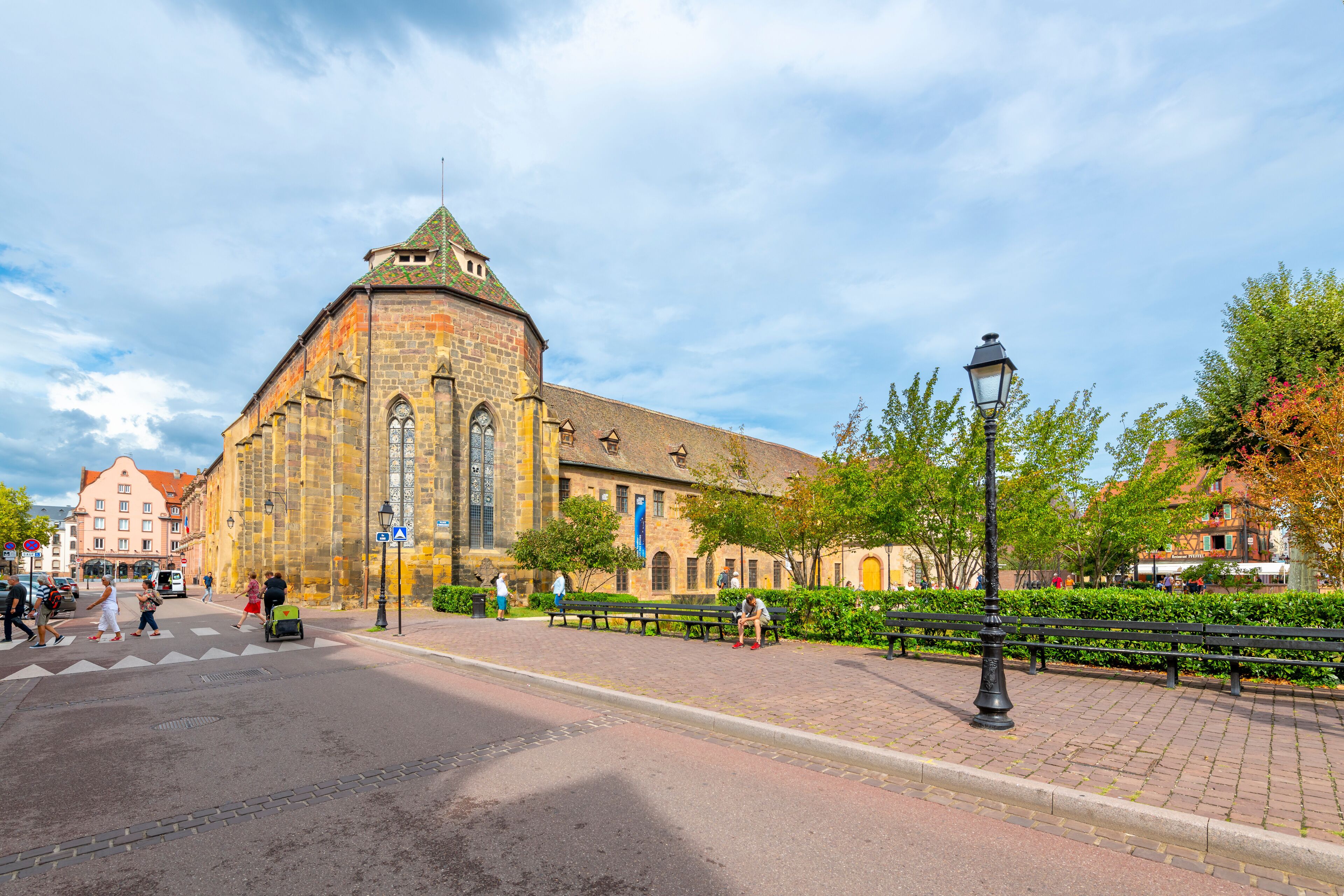 The medieval 13th-century Dominican convent building converted into the Unterlinden History and Fine Arts museum in the historic old town of Colmar, France.