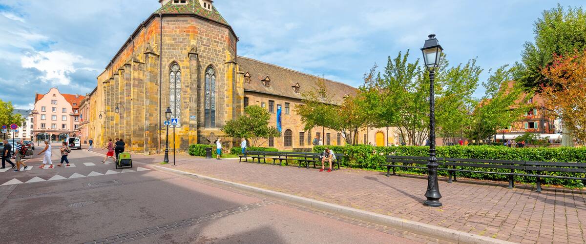 The medieval 13th-century Dominican convent building converted into the Unterlinden History and Fine Arts museum in the historic old town of Colmar, France.