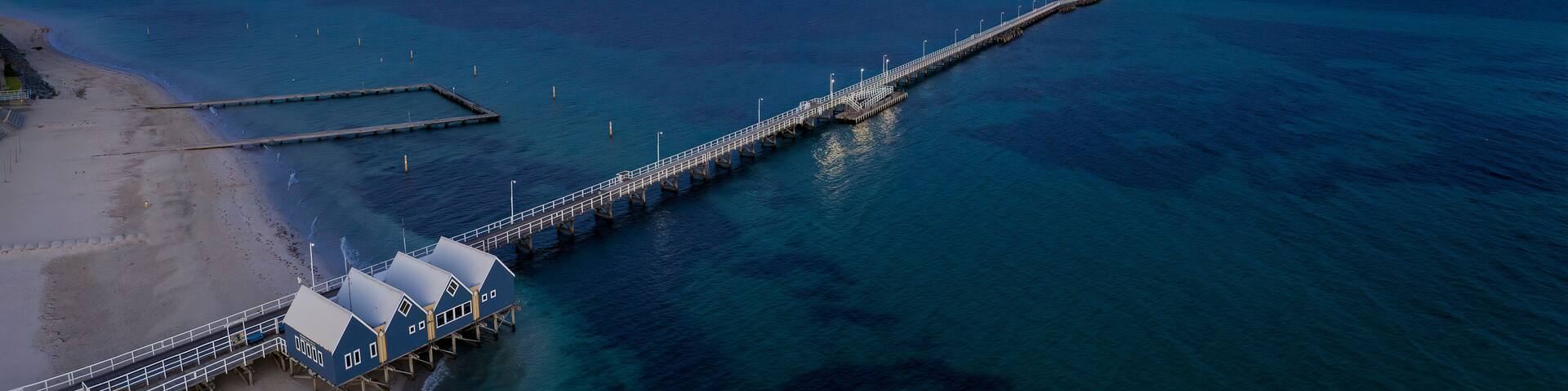 Panoramic aerial dawn view of the iconic Busselton Jetty, located 220 km south west of Perth, Western Australia