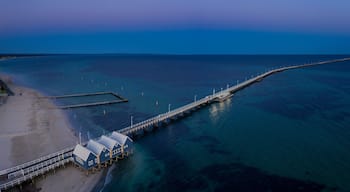 Panoramic aerial dawn view of the iconic Busselton Jetty, located 220 km south west of Perth, Western Australia