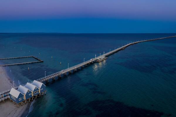 Panoramic aerial dawn view of the iconic Busselton Jetty, located 220 km south west of Perth, Western Australia