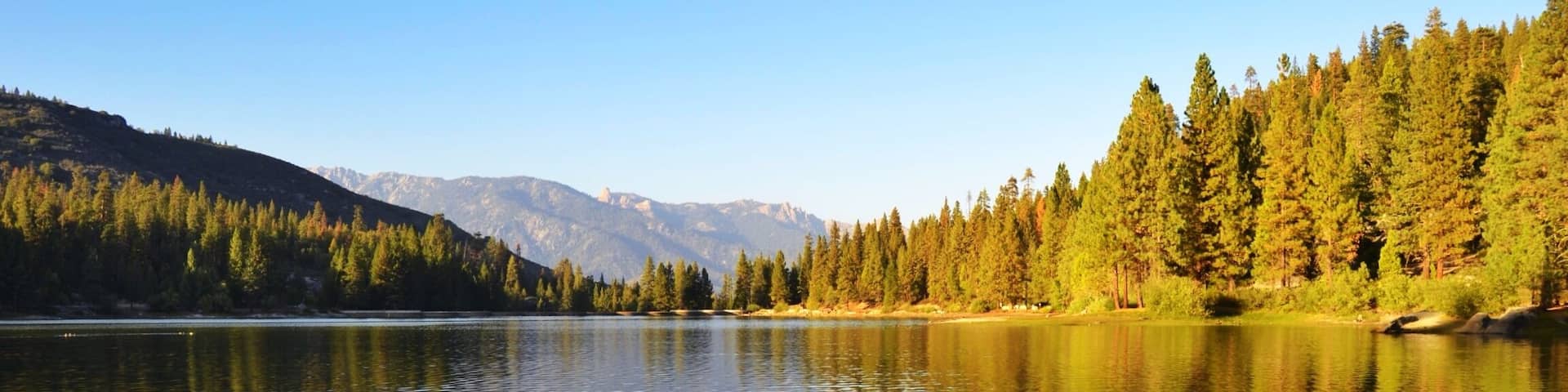Un lago tranquilo rodeado de densas selvas y montañas.