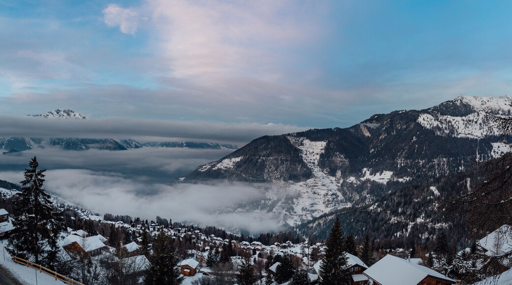 Wide angle view of the swiss alps village of La Tzoumaz, Valais, Switzerland.