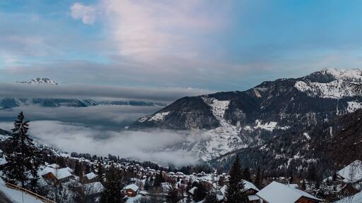 Wide angle view of the swiss alps village of La Tzoumaz, Valais, Switzerland.