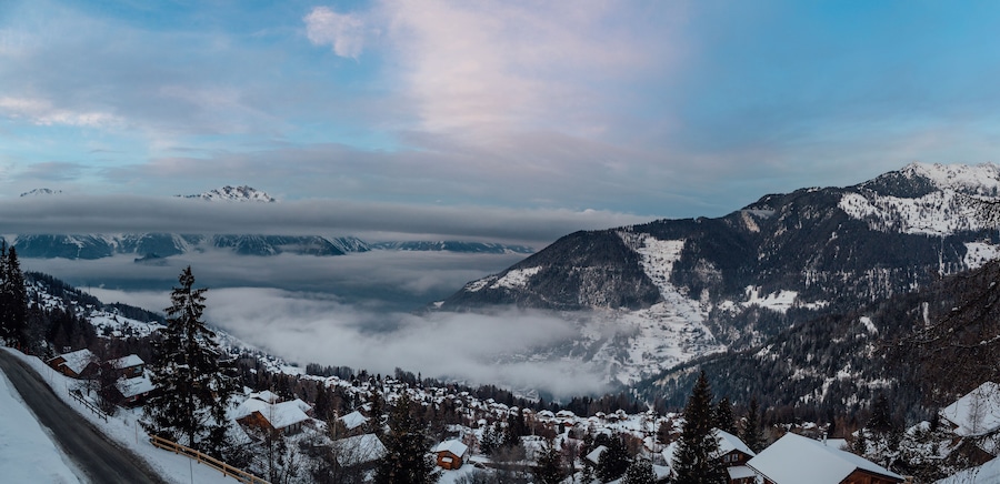 Wide angle view of the swiss alps village of La Tzoumaz, Valais, Switzerland.