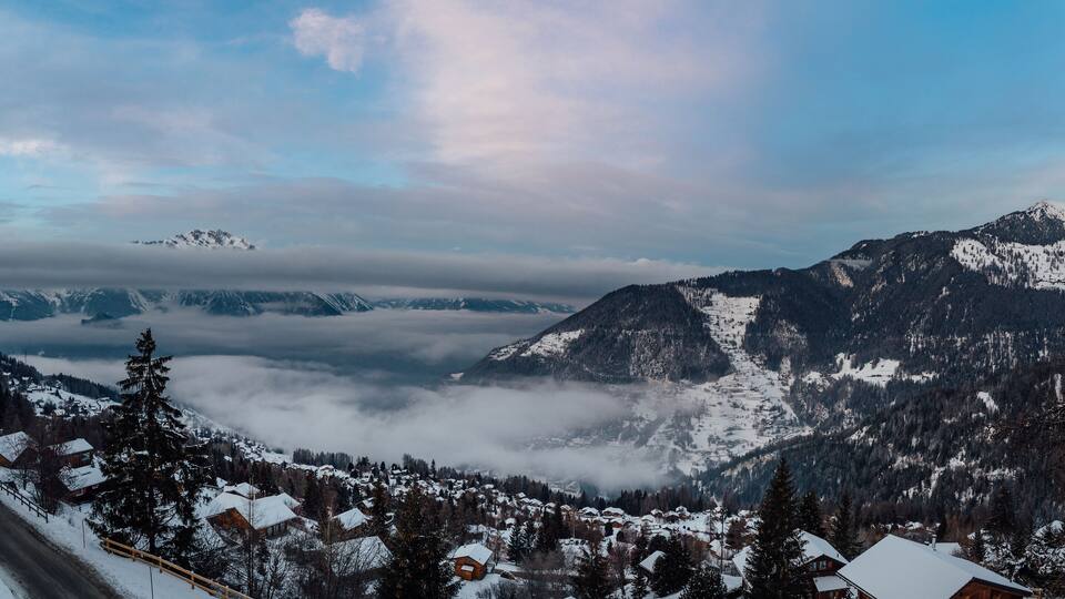 Wide angle view of the swiss alps village of La Tzoumaz, Valais, Switzerland.