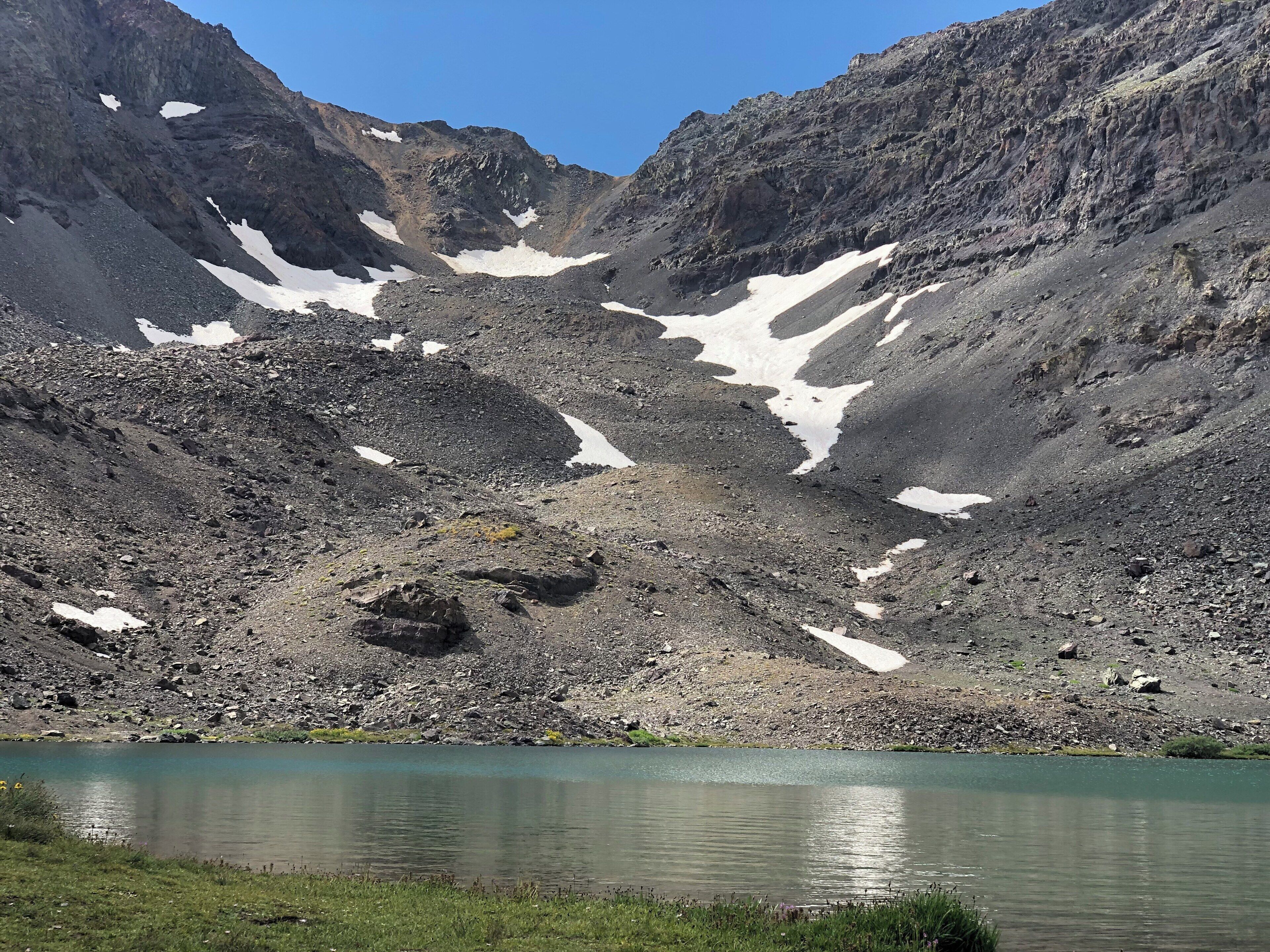The lake at the end of the Canyon. Still has snow in September. #adventure