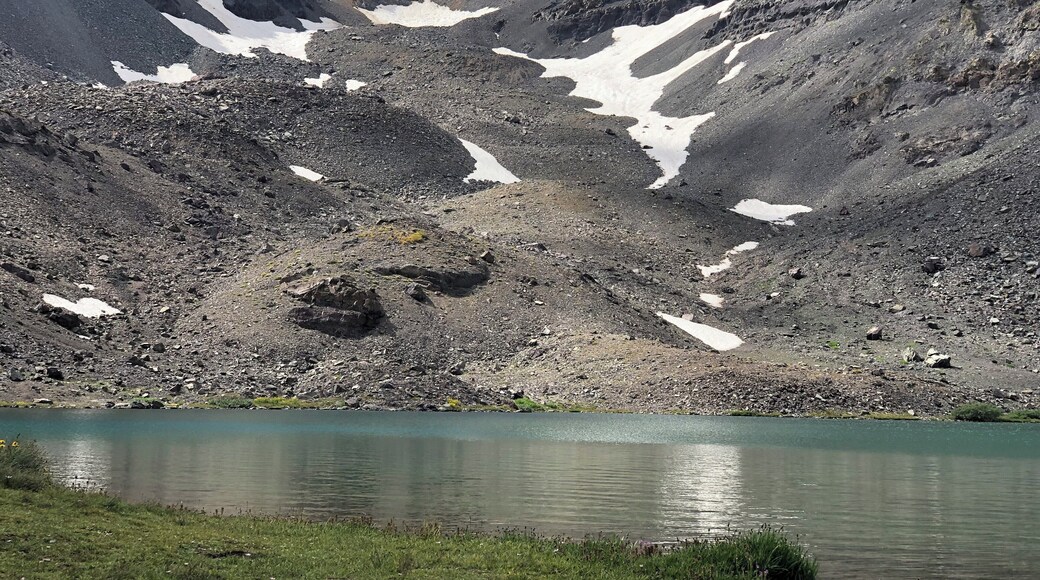 The lake at the end of the Canyon. Still has snow in September. #adventure